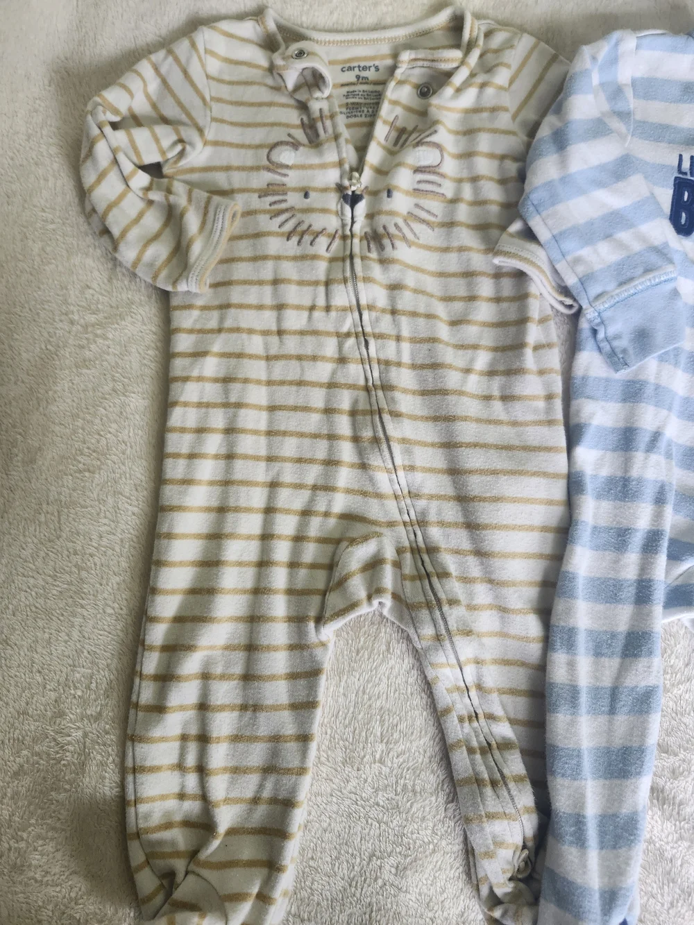 Striped Baby One-Piece Footed Pajamas - Blue Little Brother & Cream Lion